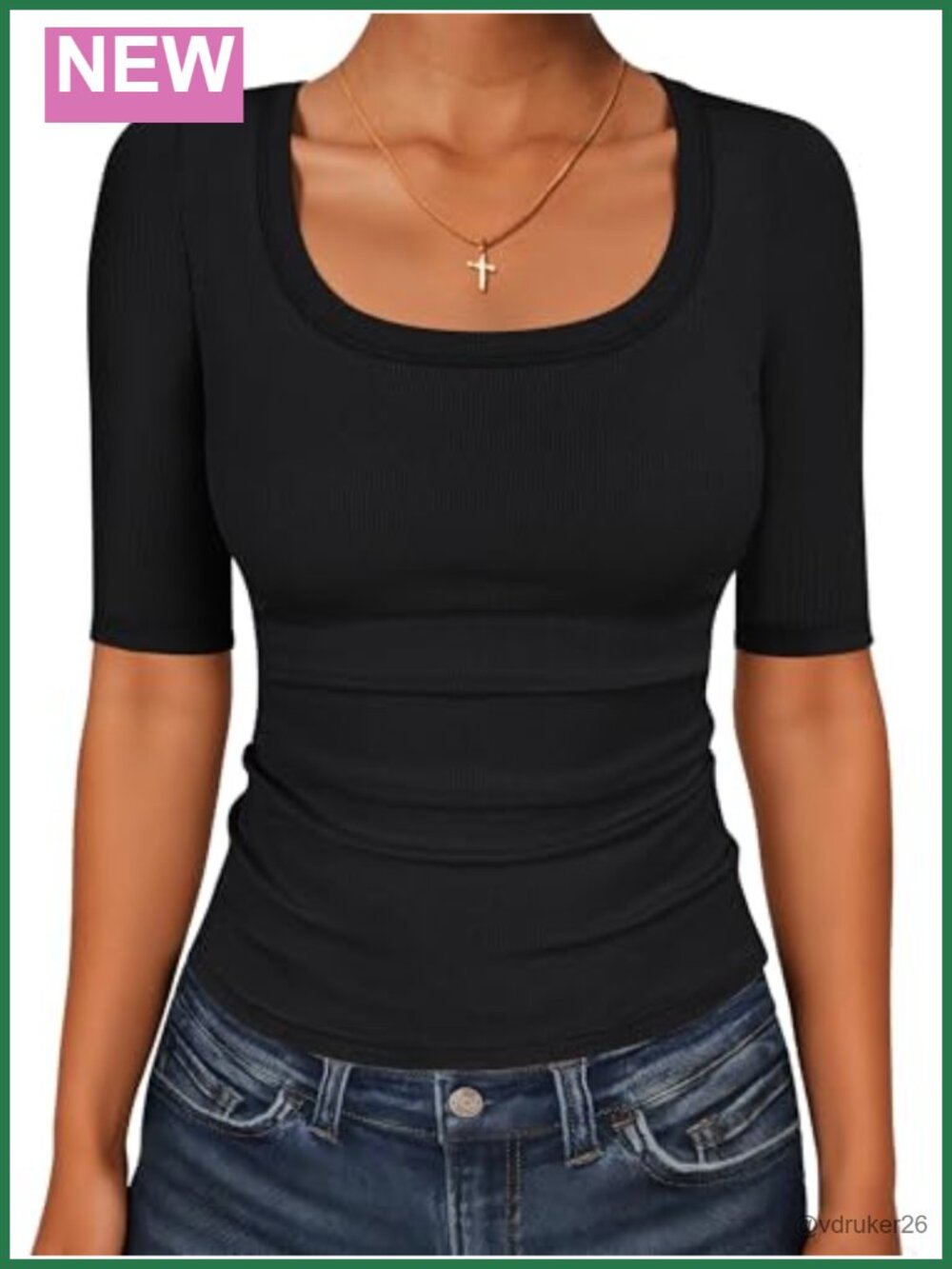 Ribbed Knit Scoop Neck Half Sleeve Slim Fit Pullover Tee